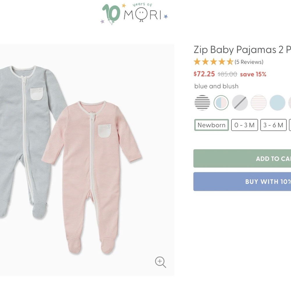 Set of 2 Mori Baby zip pajamas 0-3m